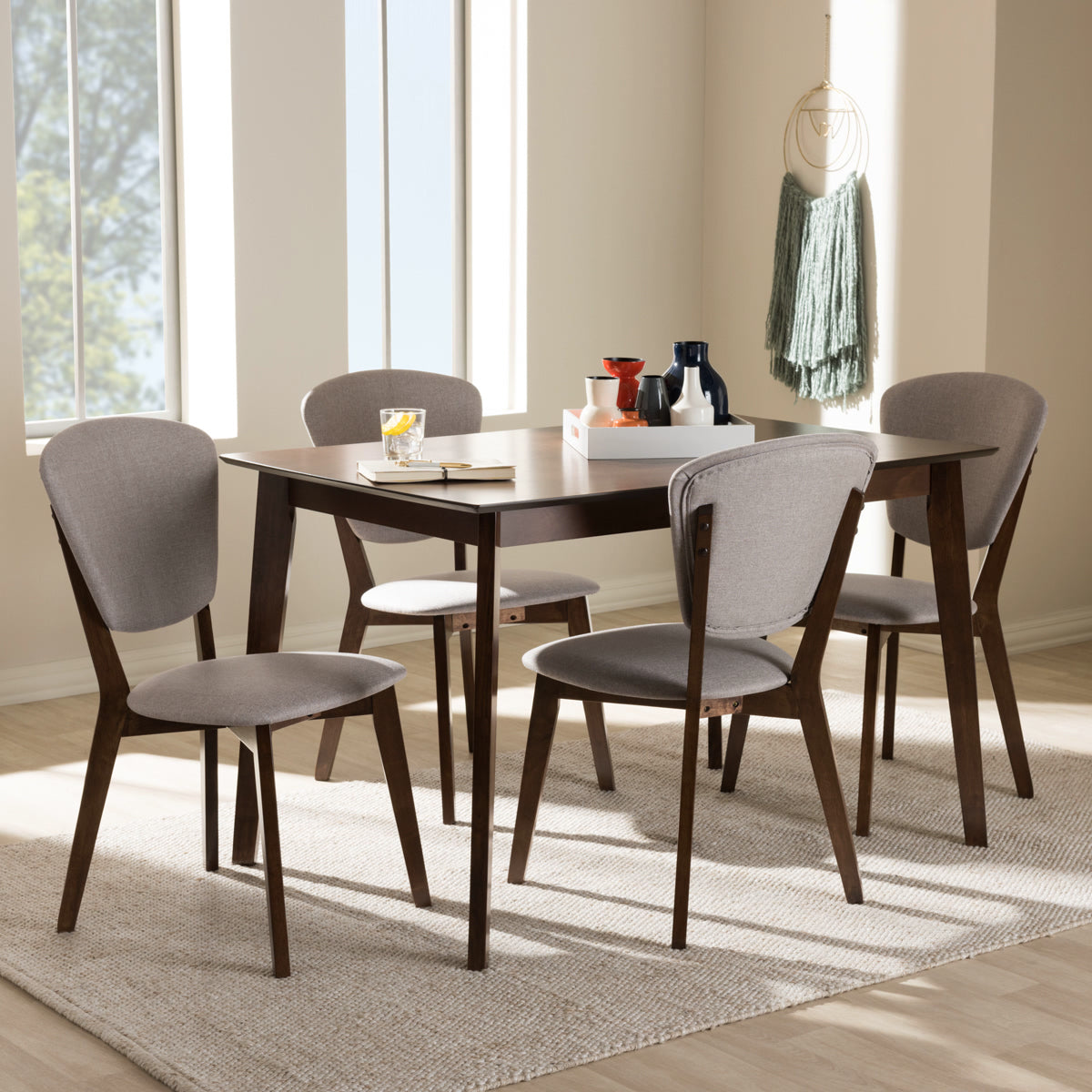 Baxton Studio Tarelle Mid-Century Modern Walnut-Finished Light Grey Fabric Upholstered 5-Piece Dining Set Baxton Studio-0-Minimal And Modern - 4