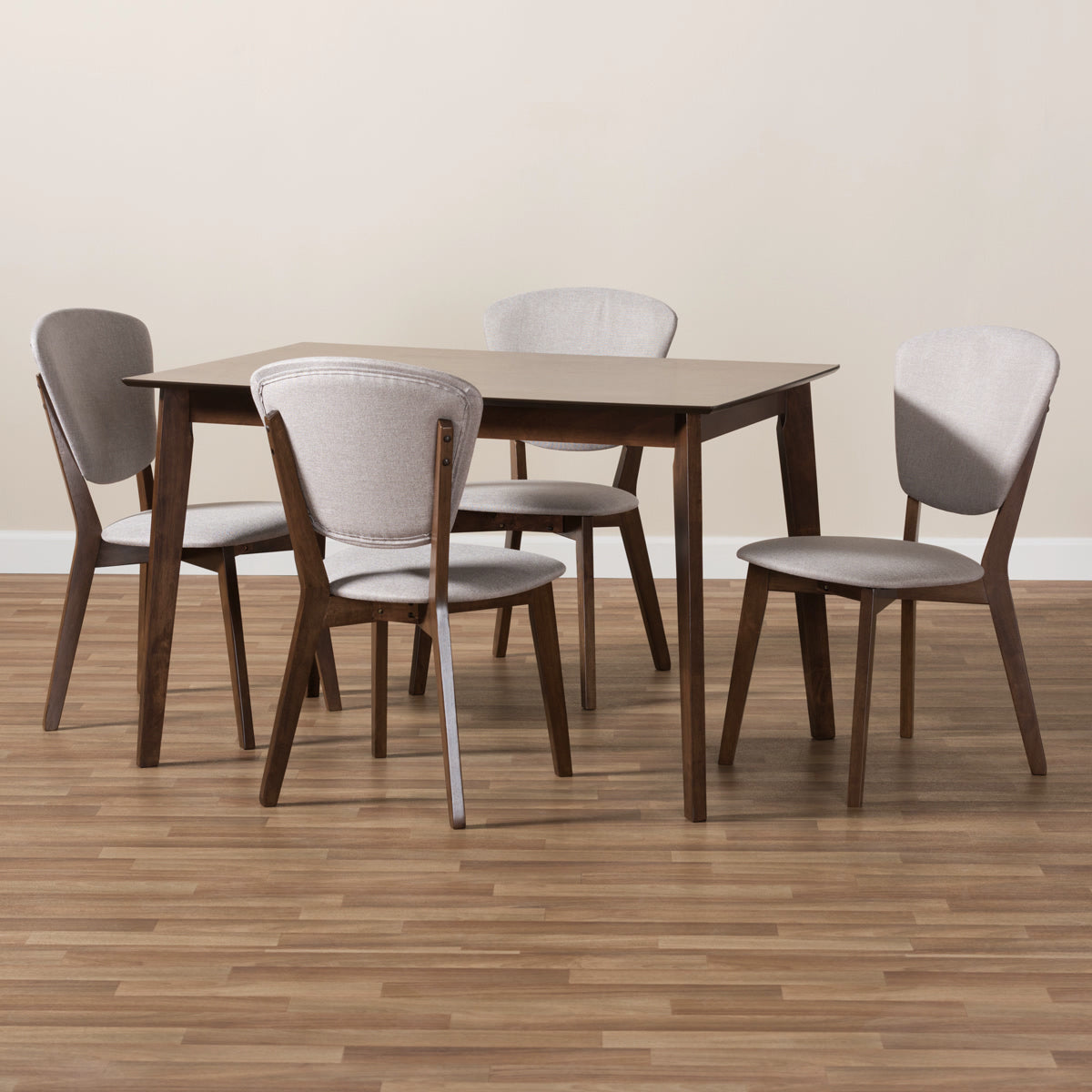 Baxton Studio Tarelle Mid-Century Modern Walnut-Finished Light Grey Fabric Upholstered 5-Piece Dining Set Baxton Studio-0-Minimal And Modern - 5