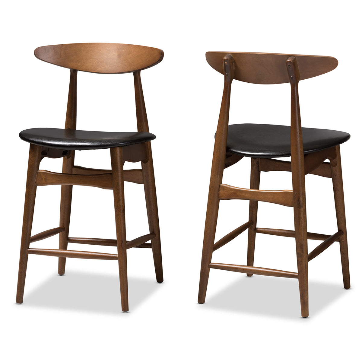 Baxton Studio Flora Mid-Century Modern Black Faux Leather Upholstered Walnut Finished Counter Stool (Set of 2) Baxton Studio-Bar Stools-Minimal And Modern - 1