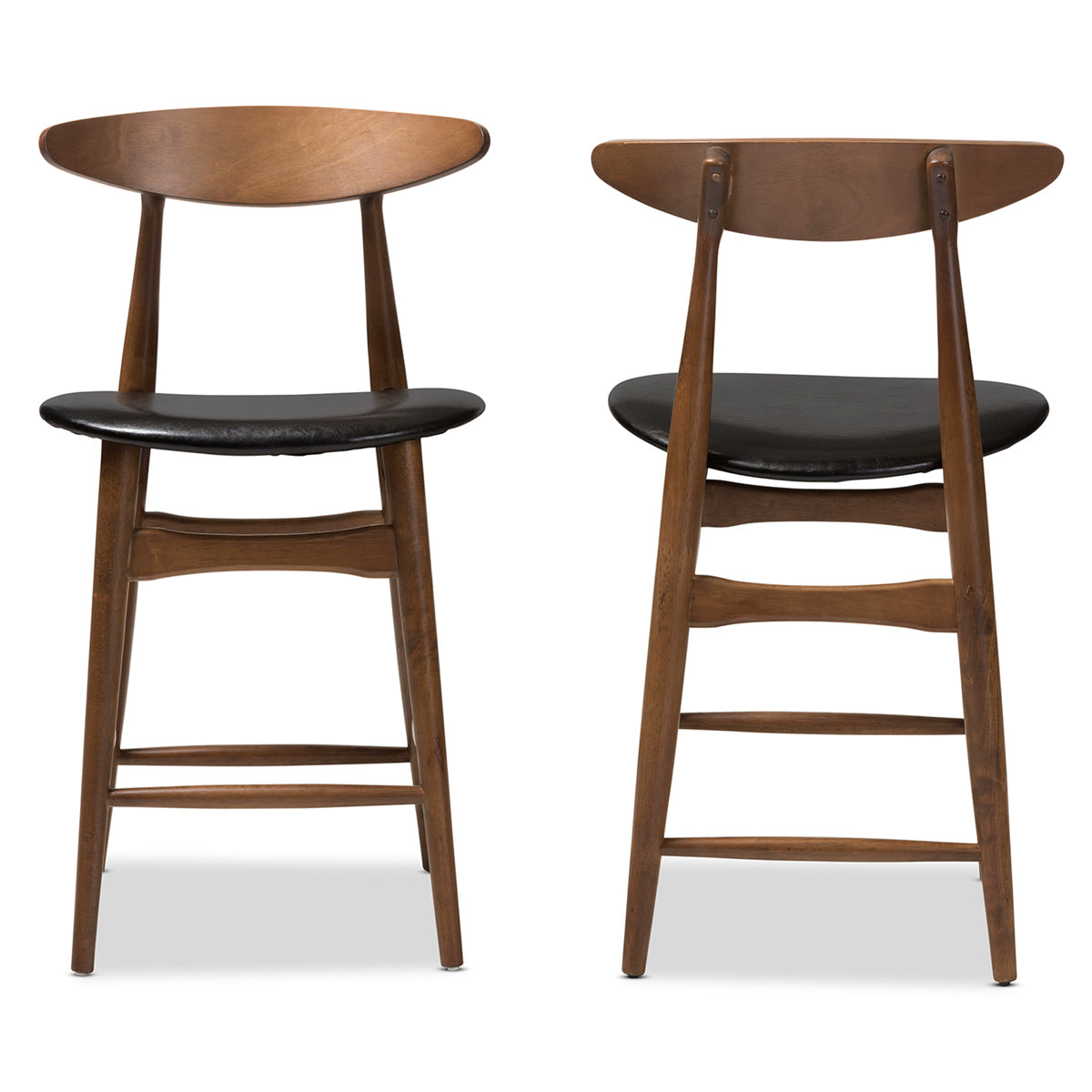 Baxton Studio Flora Mid-Century Modern Black Faux Leather Upholstered Walnut Finished Counter Stool (Set of 2) Baxton Studio-Bar Stools-Minimal And Modern - 2