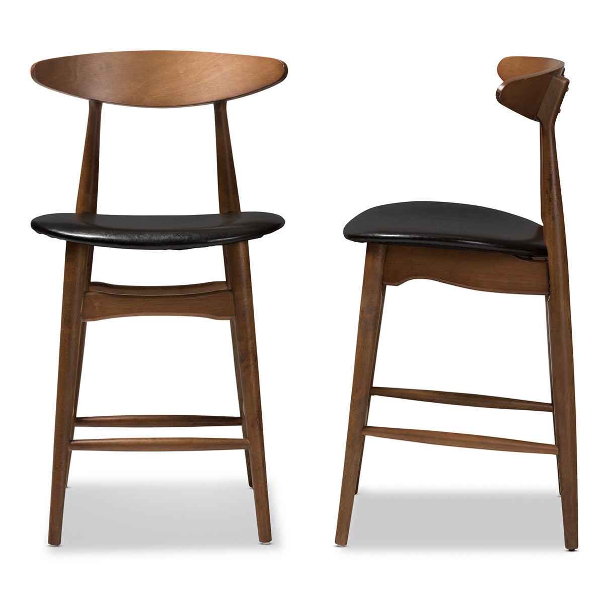 Baxton Studio Flora Mid-Century Modern Black Faux Leather Upholstered Walnut Finished Counter Stool (Set of 2) Baxton Studio-Bar Stools-Minimal And Modern - 3