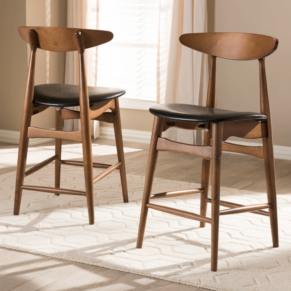 Baxton Studio Flora Mid-Century Modern Black Faux Leather Upholstered Walnut Finished Counter Stool (Set of 2) Baxton Studio-Bar Stools-Minimal And Modern - 6