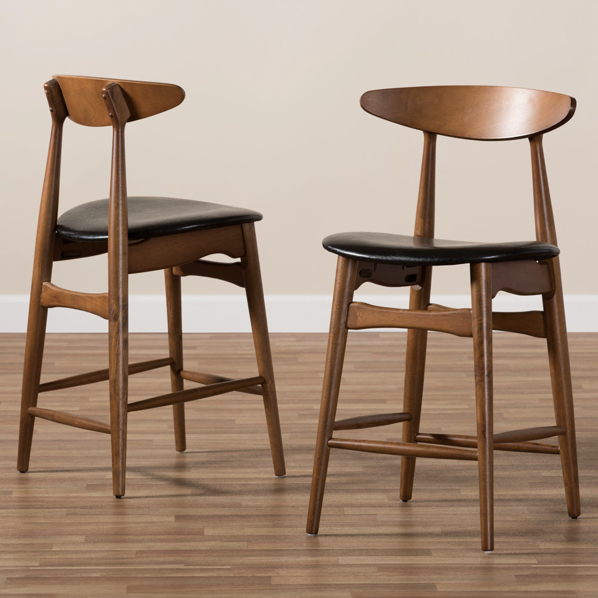 Baxton Studio Flora Mid-Century Modern Black Faux Leather Upholstered Walnut Finished Counter Stool (Set of 2) Baxton Studio-Bar Stools-Minimal And Modern - 7