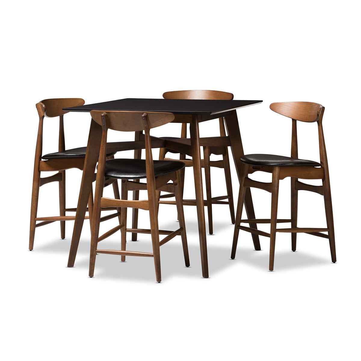 Baxton Studio Flora Mid-Century Modern Black Faux-Leather Upholstered Walnut Finished 5-Piece Pub Set Baxton Studio-0-Minimal And Modern - 1