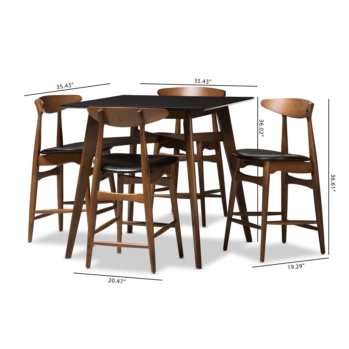 Baxton Studio Flora Mid-Century Modern Black Faux-Leather Upholstered Walnut Finished 5-Piece Pub Set Baxton Studio-0-Minimal And Modern - 6