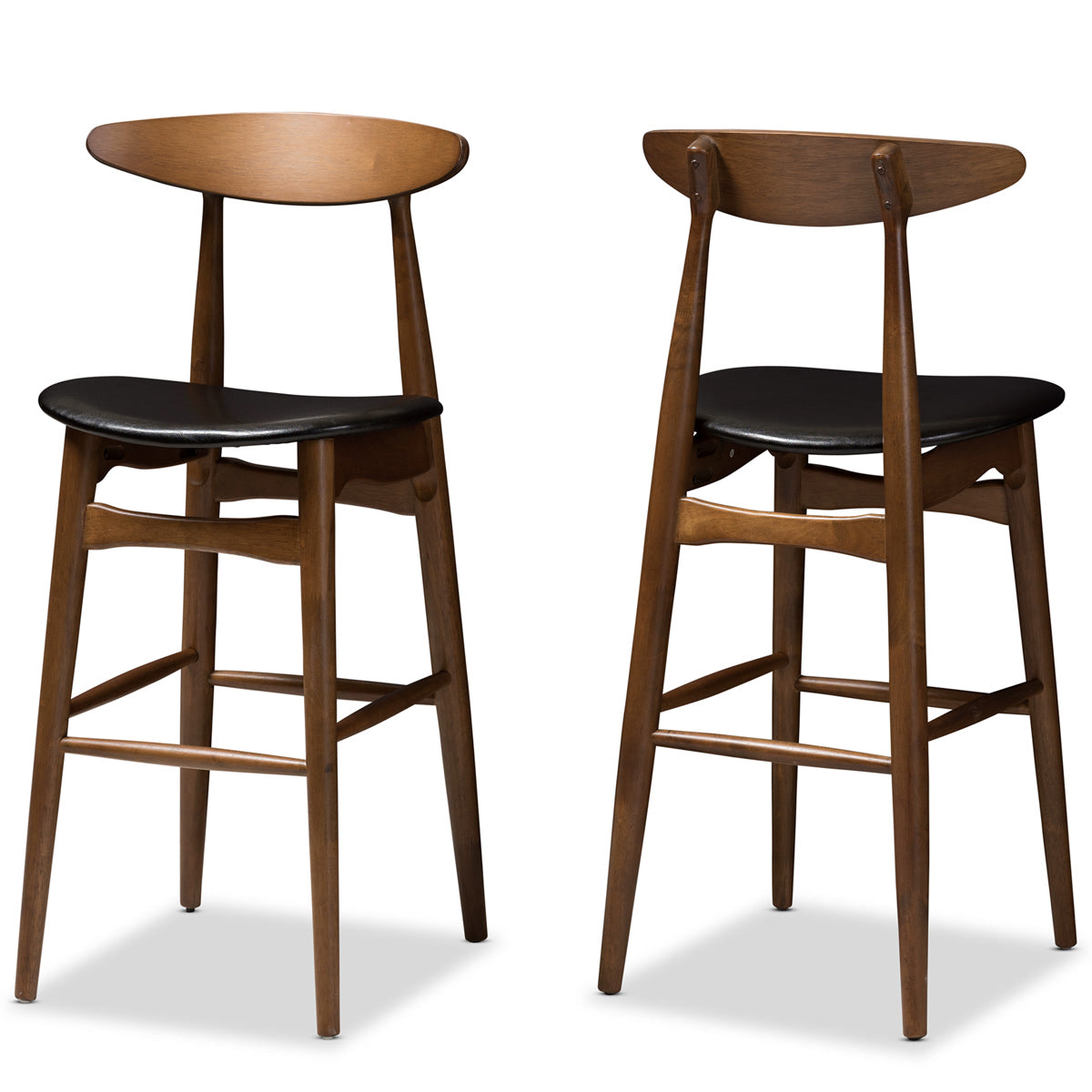 Baxton Studio Flora Mid-Century Modern Black Faux Leather Upholstered Walnut Finished Bar Stool (Set of 2) Baxton Studio-Bar Stools-Minimal And Modern - 1