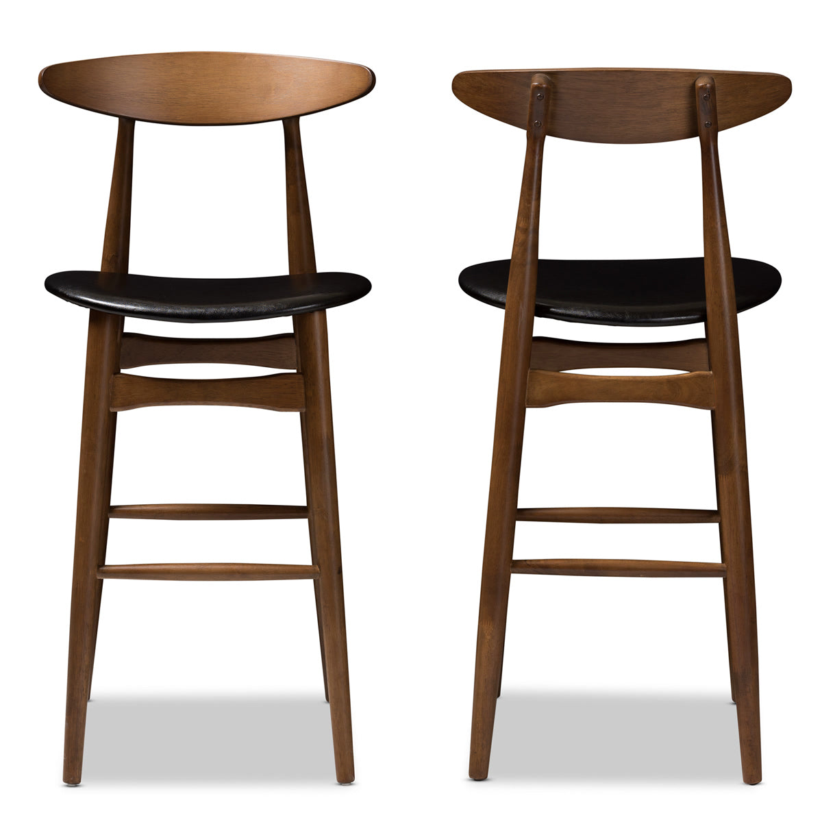 Baxton Studio Flora Mid-Century Modern Black Faux Leather Upholstered Walnut Finished Bar Stool (Set of 2) Baxton Studio-Bar Stools-Minimal And Modern - 2