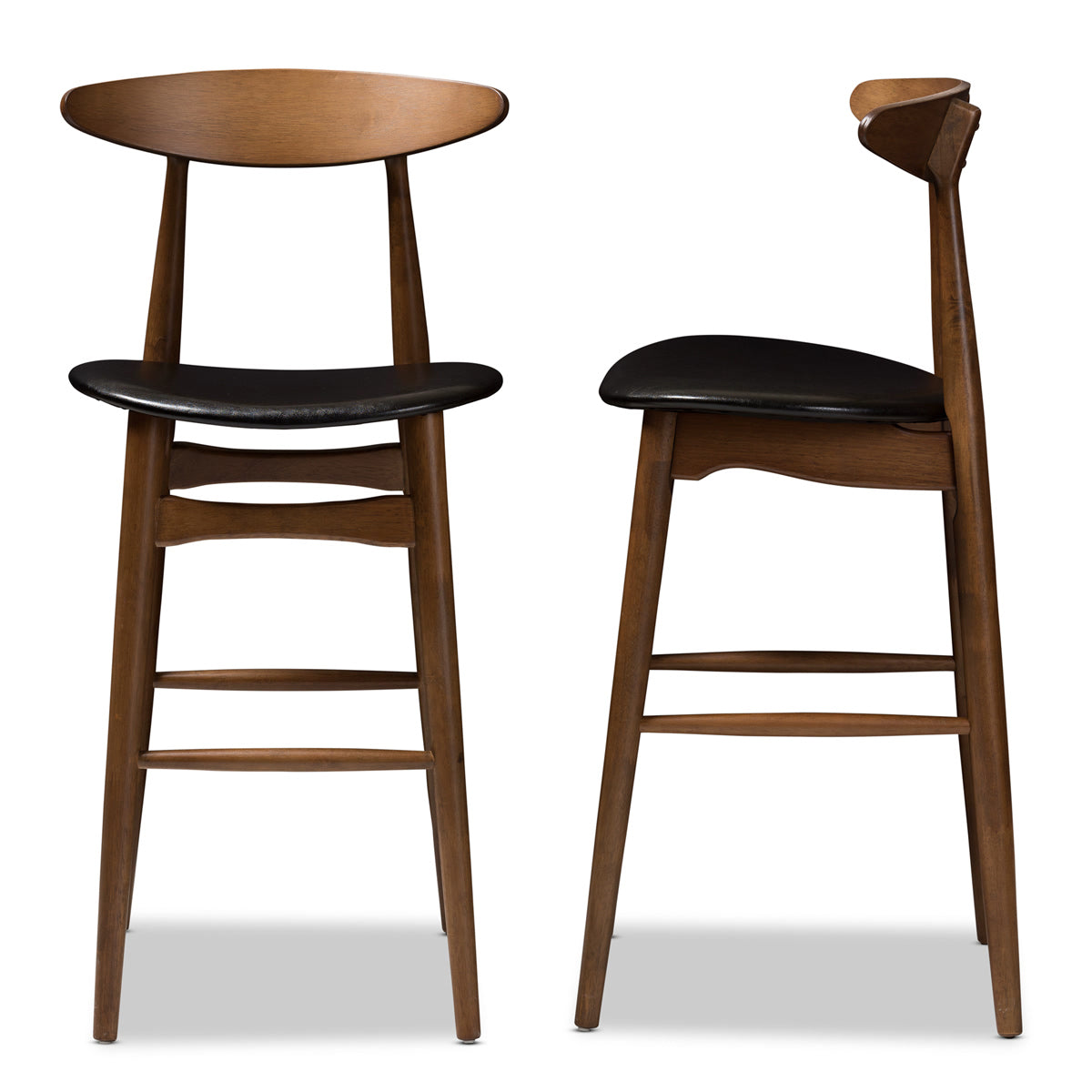 Baxton Studio Flora Mid-Century Modern Black Faux Leather Upholstered Walnut Finished Bar Stool (Set of 2) Baxton Studio-Bar Stools-Minimal And Modern - 3