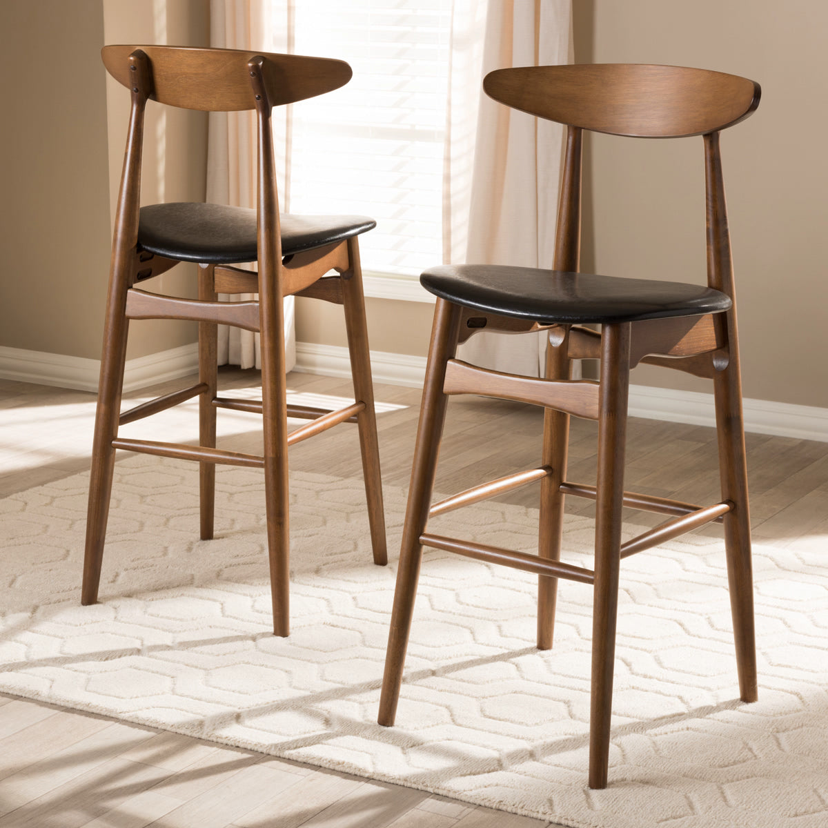 Baxton Studio Flora Mid-Century Modern Black Faux Leather Upholstered Walnut Finished Bar Stool (Set of 2) Baxton Studio-Bar Stools-Minimal And Modern - 6