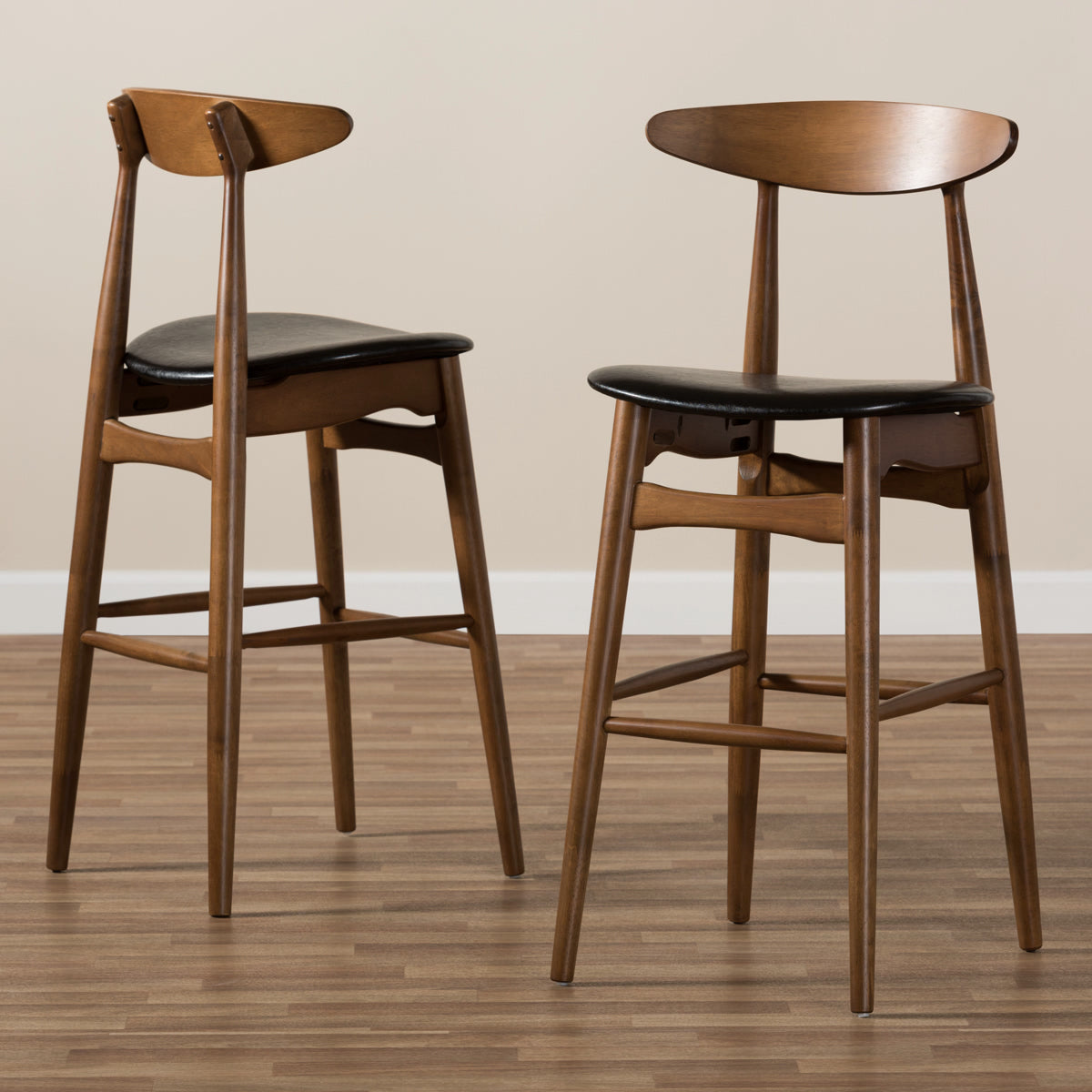 Baxton Studio Flora Mid-Century Modern Black Faux Leather Upholstered Walnut Finished Bar Stool (Set of 2) Baxton Studio-Bar Stools-Minimal And Modern - 7