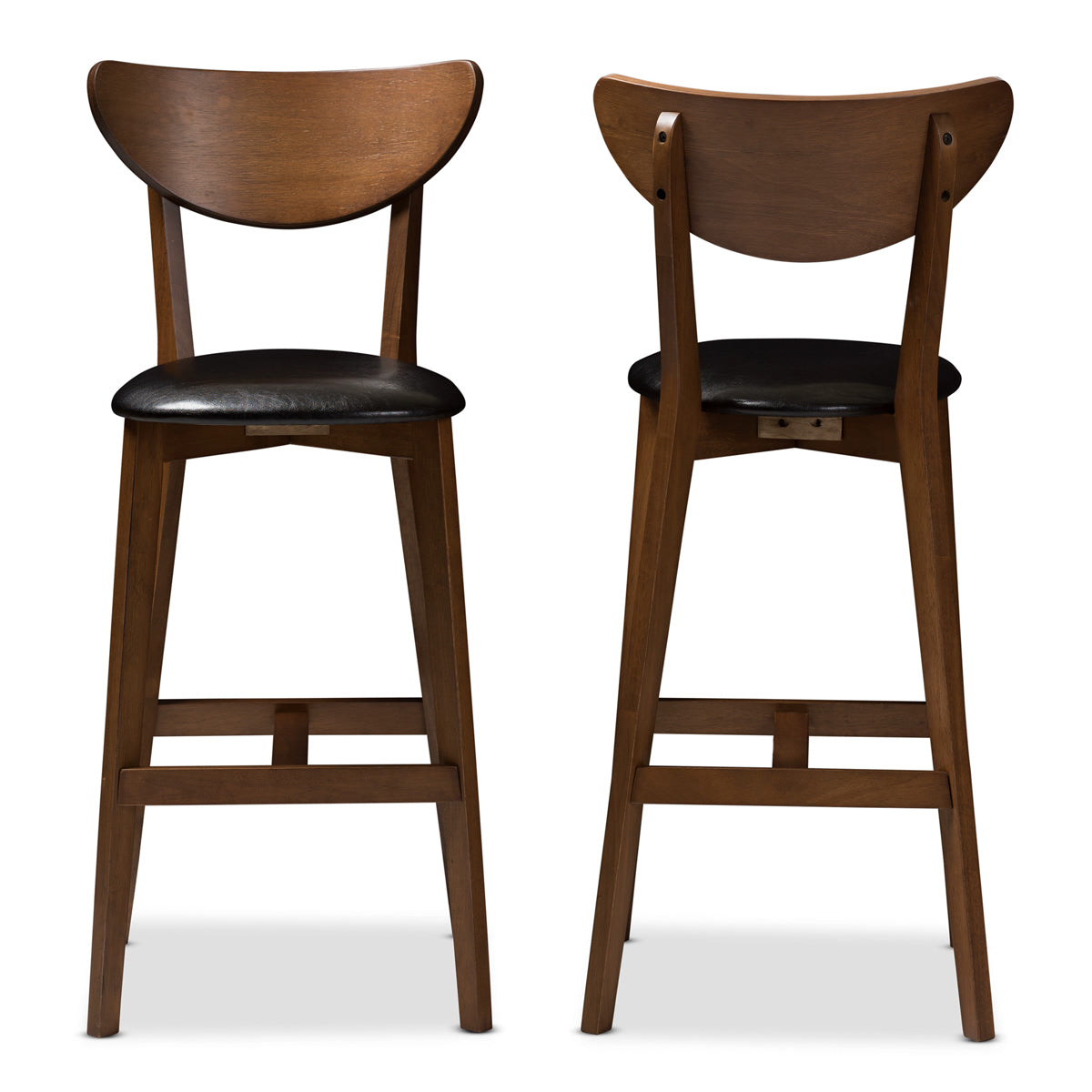 Baxton Studio Eline Mid-Century Modern Black Faux Leather Upholstered Walnut Finished Bar Stool (Set of 2) Baxton Studio-Bar Stools-Minimal And Modern - 2