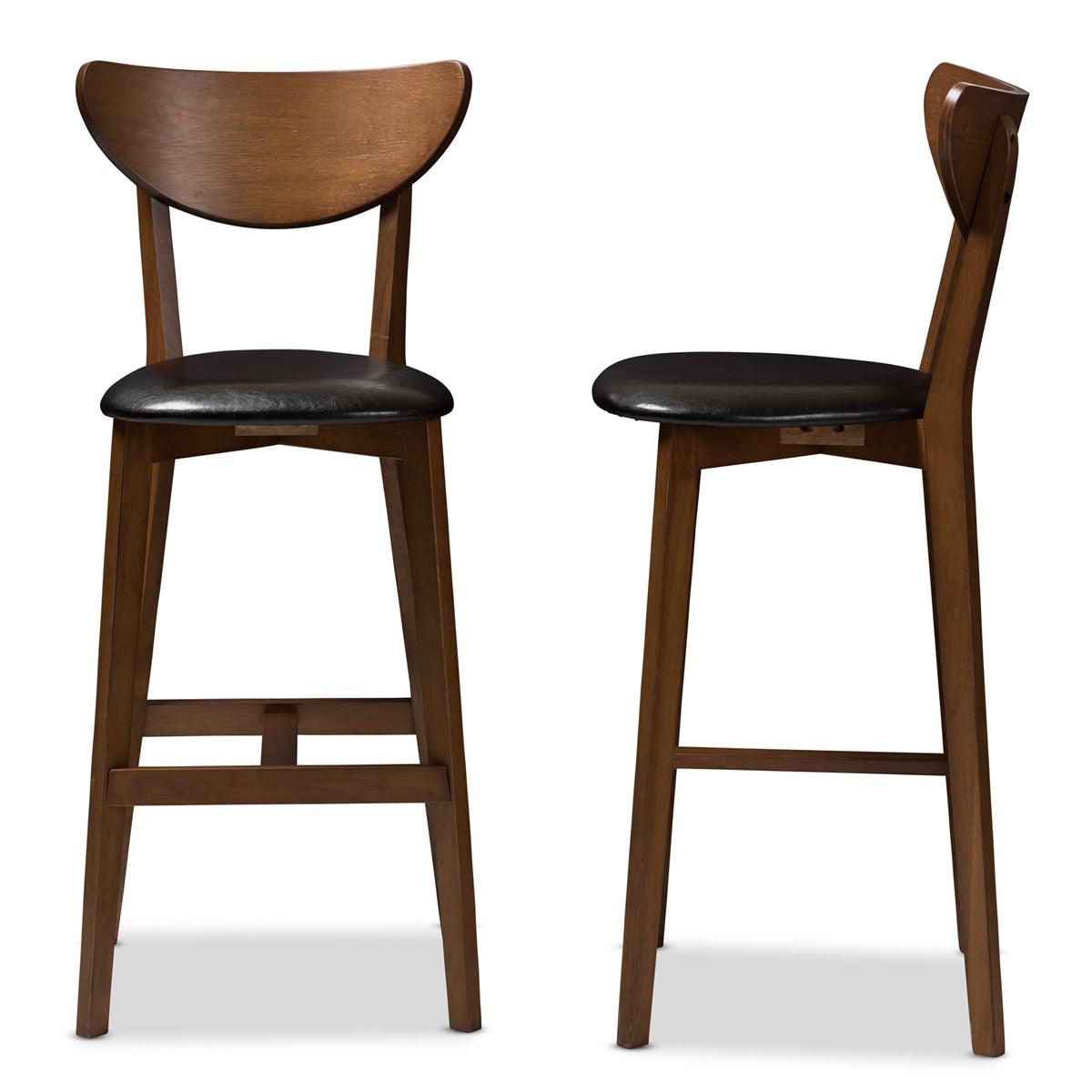 Baxton Studio Eline Mid-Century Modern Black Faux Leather Upholstered Walnut Finished Bar Stool (Set of 2) Baxton Studio-Bar Stools-Minimal And Modern - 3