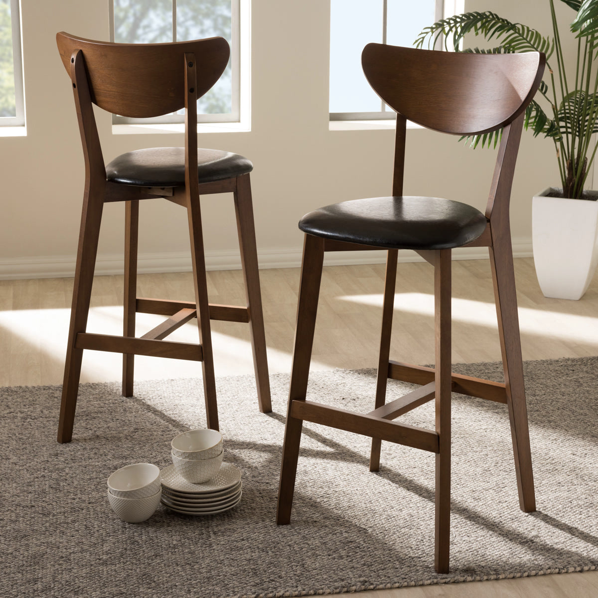 Baxton Studio Eline Mid-Century Modern Black Faux Leather Upholstered Walnut Finished Bar Stool (Set of 2) Baxton Studio-Bar Stools-Minimal And Modern - 6