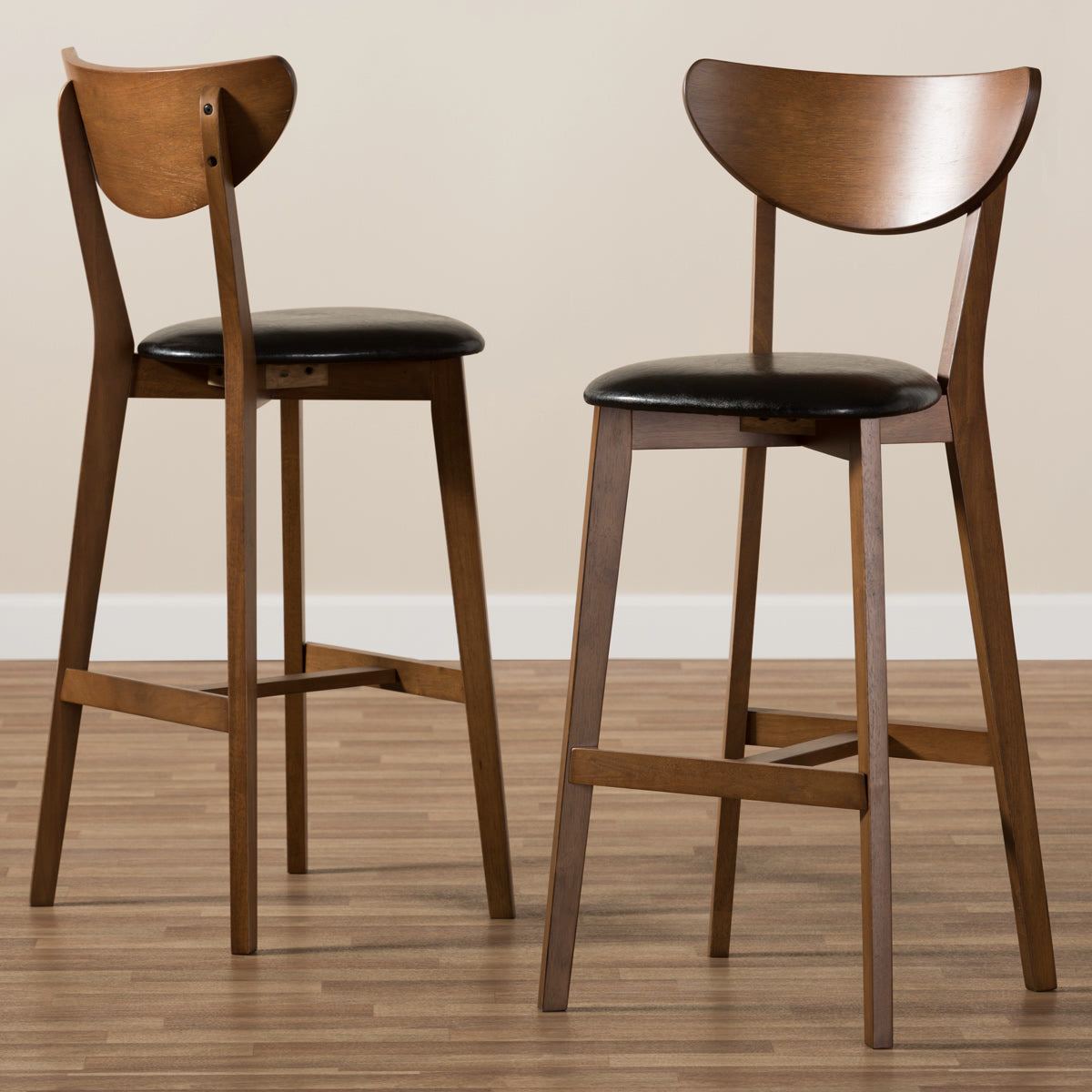 Baxton Studio Eline Mid-Century Modern Black Faux Leather Upholstered Walnut Finished Bar Stool (Set of 2) Baxton Studio-Bar Stools-Minimal And Modern - 7