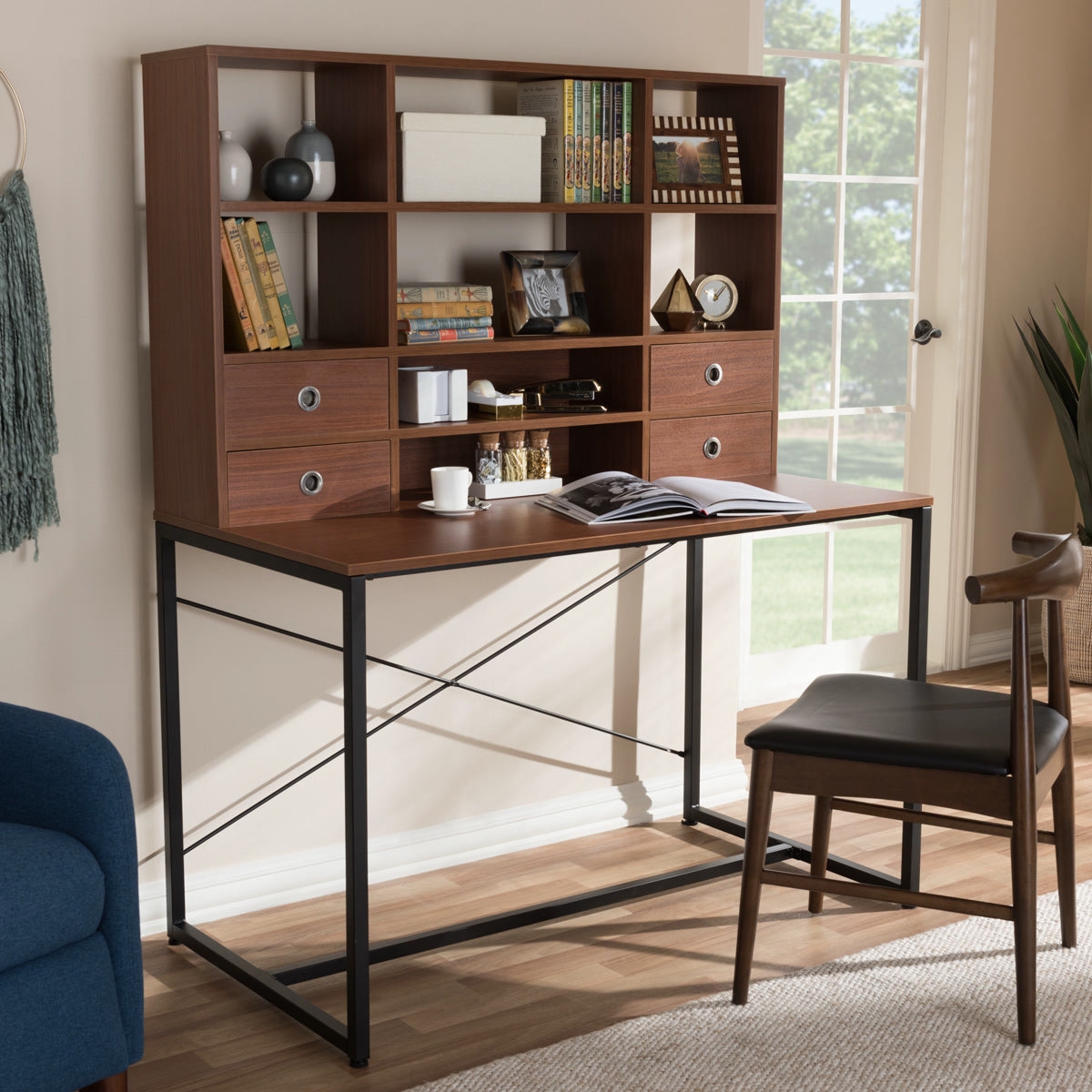 Baxton Studio Edwin Rustic Industrial Style Brown Wood and Metal 2-in-1 Bookcase Writing Desk Baxton Studio-Desks-Minimal And Modern - 5