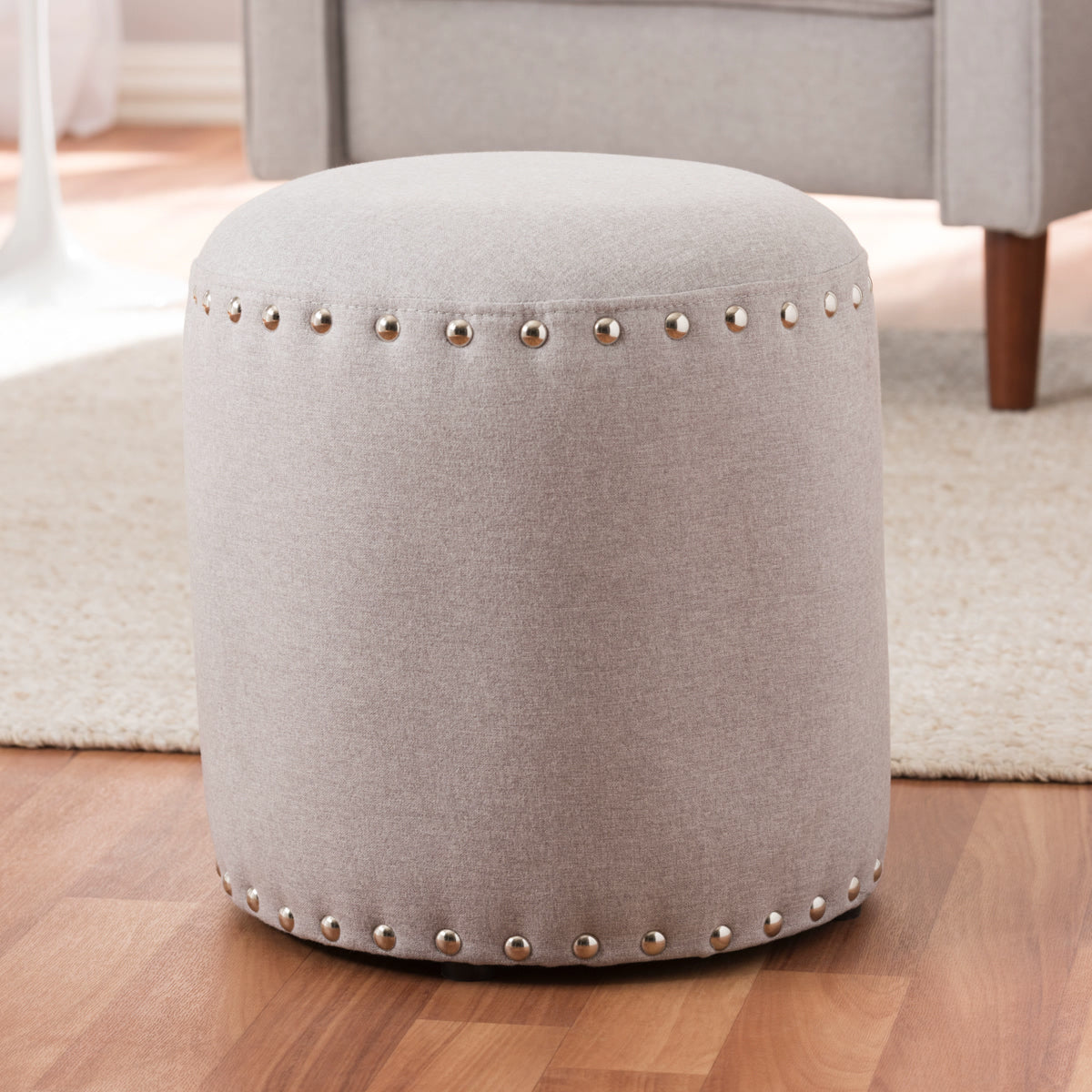 Baxton Studio Rosine Modern and Contemporary Light Grey Fabric Upholstered Nail Trim Ottoman Baxton Studio-ottomans-Minimal And Modern - 3