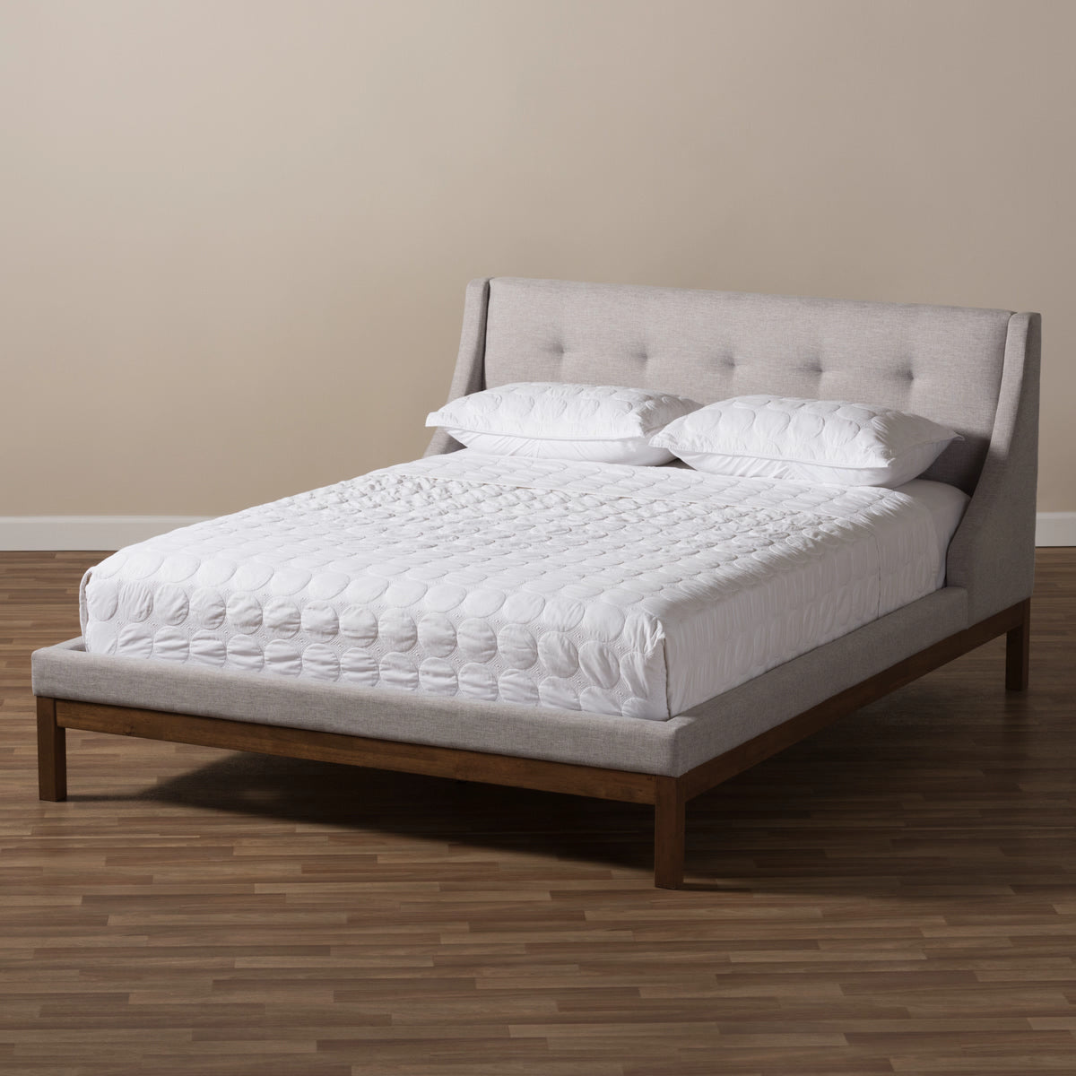 Baxton Studio Louvain Modern and Contemporary Greyish Beige Fabric Upholstered Walnut-Finished Full Sized Platform Bed Baxton Studio-beds-Minimal And Modern - 7