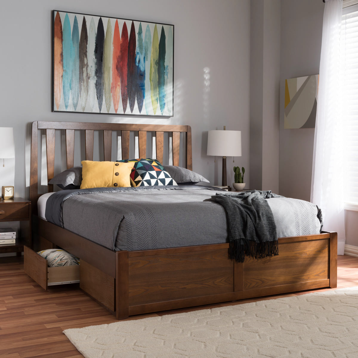 Baxton Studio Raurey Modern and Contemporary Walnut Finished King Size Storage Platform Bed Baxton Studio-beds-Minimal And Modern - 2