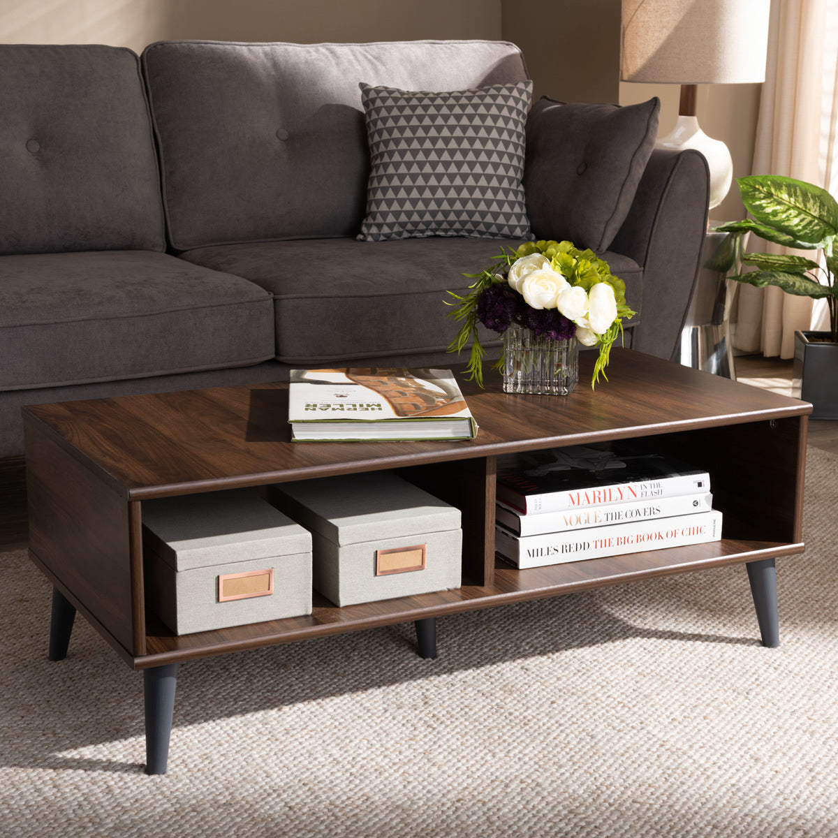 Baxton Studio Pierre Mid-Century Modern Brown and Dark Grey Finished Wood Coffee Table Baxton Studio-coffee tables-Minimal And Modern - 5