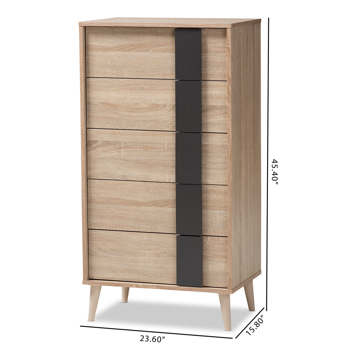 Baxton Studio Lisen Mid-Century Modern Light Oak and Grey 5-Drawer Chest Baxton Studio-Dresser-Minimal And Modern - 2