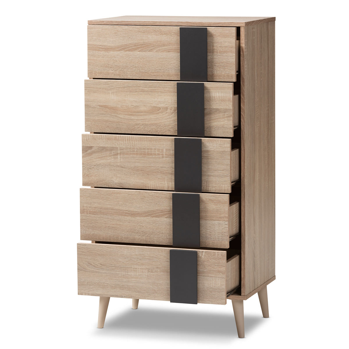 Baxton Studio Lisen Mid-Century Modern Light Oak and Grey 5-Drawer Chest Baxton Studio-Dresser-Minimal And Modern - 3