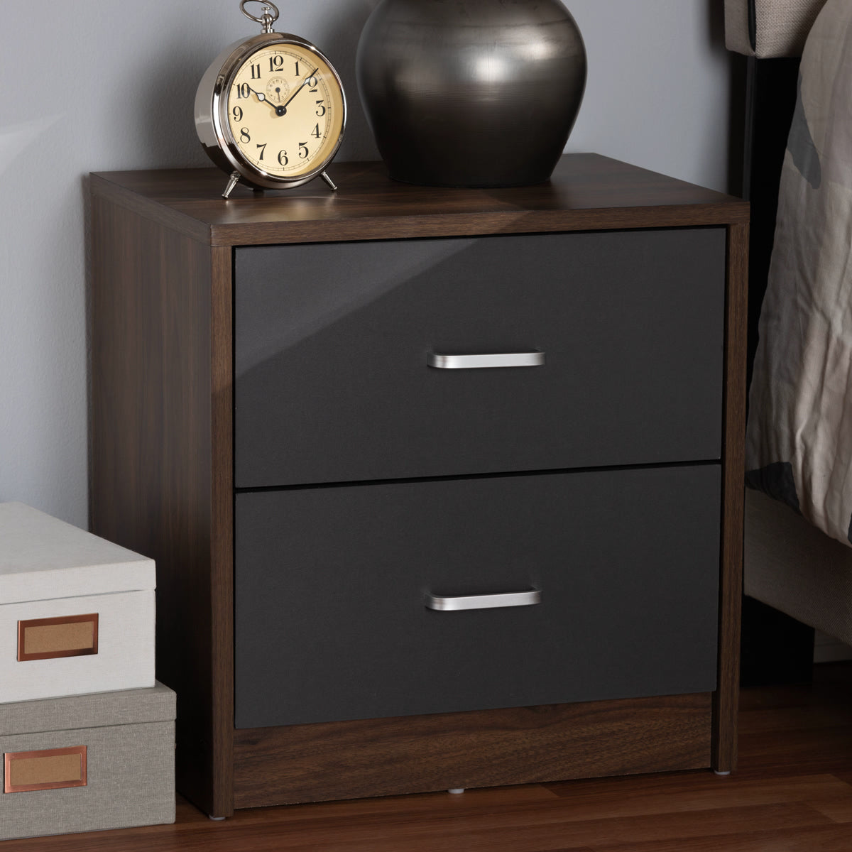 Baxton Studio Hansel Modern and Contemporary 2-Drawer Dark Brown and Dark Grey Finished Nightstand Baxton Studio-nightstands-Minimal And Modern - 6