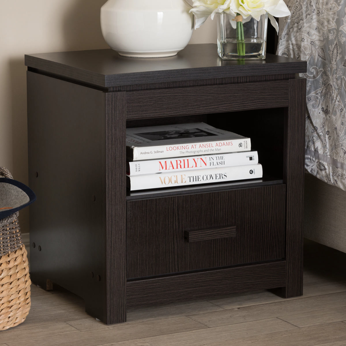 Baxton Studio Bienna Modern and Contemporary Wenge Brown Finished 1-Drawer Nightstand Baxton Studio-nightstands-Minimal And Modern - 7