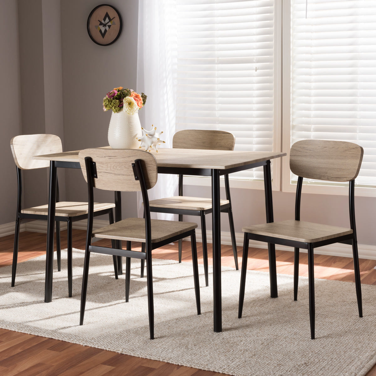 Baxton Studio Honore Mid-Century Modern Light Brown Wood Finished Matte Black Frame 5-Piece Dining Set Baxton Studio-0-Minimal And Modern - 5