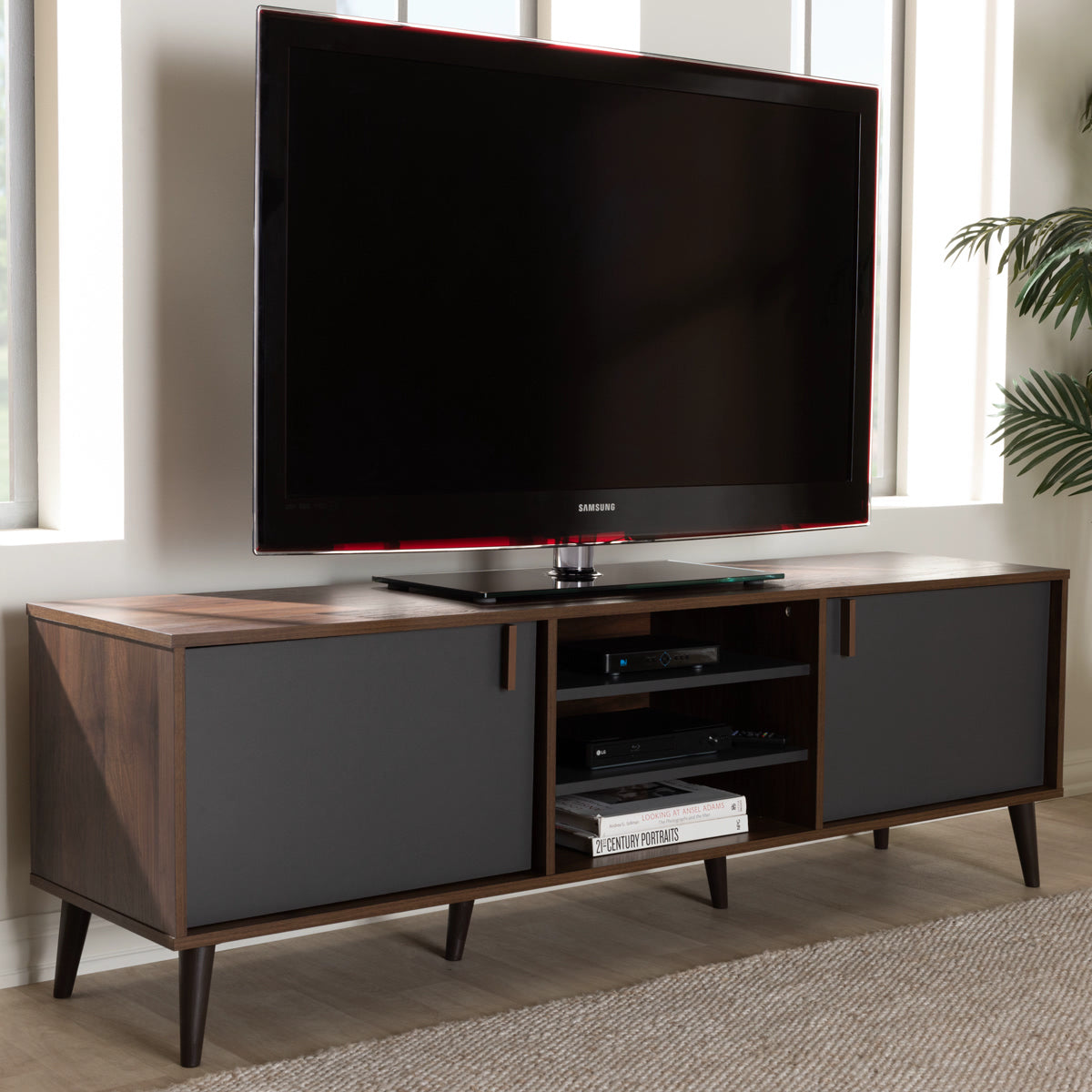 Baxton Studio Samuel Mid-Century Modern Brown and Dark Grey Finished TV Stand Baxton Studio-TV Stands-Minimal And Modern - 7