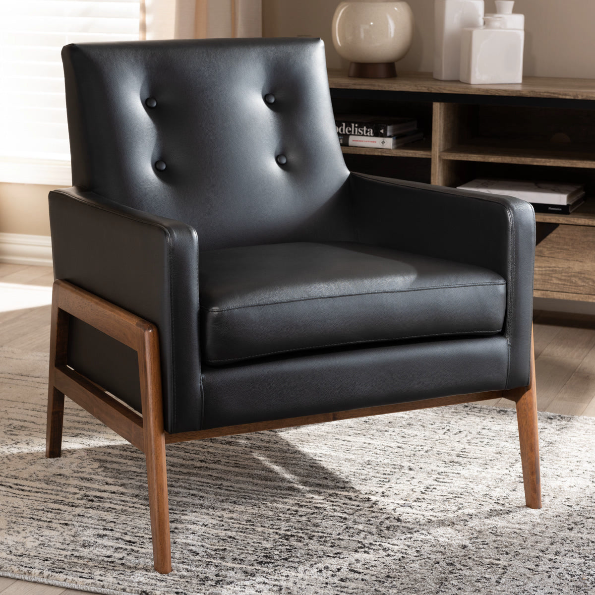 Baxton Studio Perris Mid-Century Modern Black Faux Leather Upholstered Walnut Wood Lounge Chair Baxton Studio-chairs-Minimal And Modern - 7