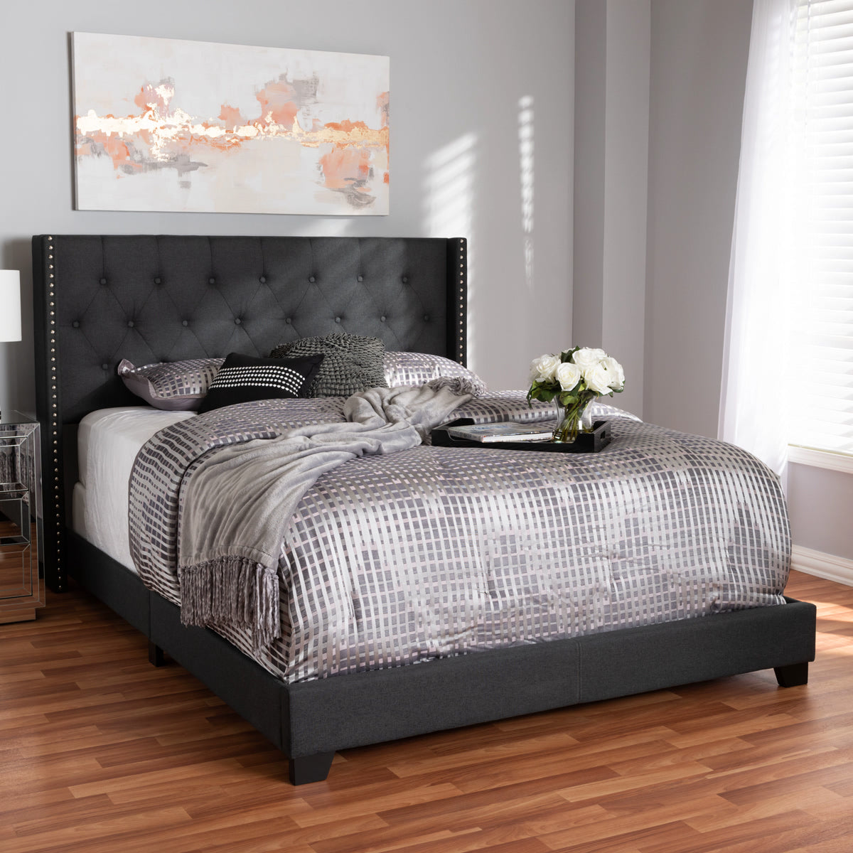 Baxton Studio Brady Modern and Contemporary Charcoal Grey Fabric Upholstered King Size Bed Baxton Studio-0-Minimal And Modern - 6