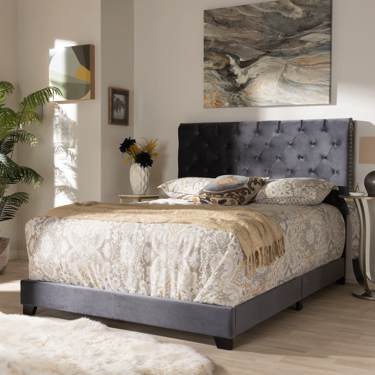 Baxton Studio Candace Luxe and Glamour Dark Grey Velvet Upholstered King Size Bed Baxton Studio-0-Minimal And Modern - 7