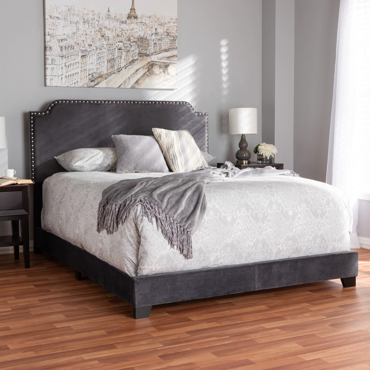 Baxton Studio Darcy Luxe and Glamour Dark Grey Velvet Upholstered Queen Size Bed Baxton Studio-0-Minimal And Modern - 7