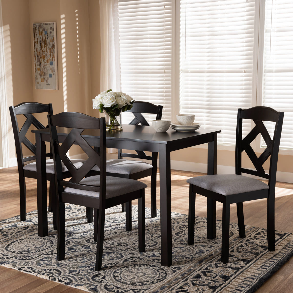 Baxton Studio Ruth Modern and Contemporary Espresso Brown Finished and Grey Fabric Upholstered 5-Piece Dining Set Baxton Studio-0-Minimal And Modern - 2