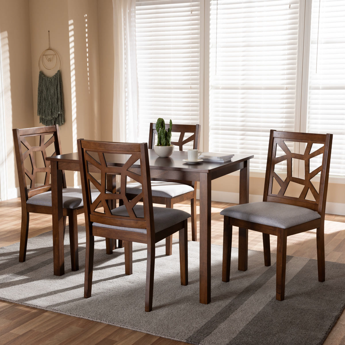 Baxton Studio Abilene Mid-Century Walnut Finished and Grey Fabric Upholstered 5-Piece Dining Set Baxton Studio-0-Minimal And Modern - 3