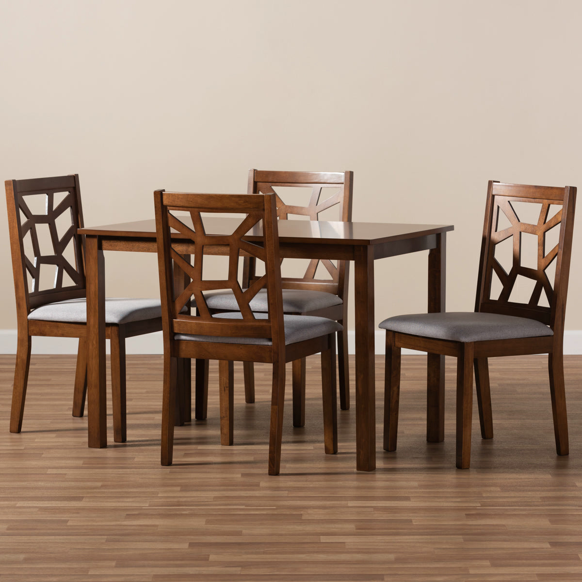 Baxton Studio Abilene Mid-Century Walnut Finished and Grey Fabric Upholstered 5-Piece Dining Set Baxton Studio-0-Minimal And Modern - 4