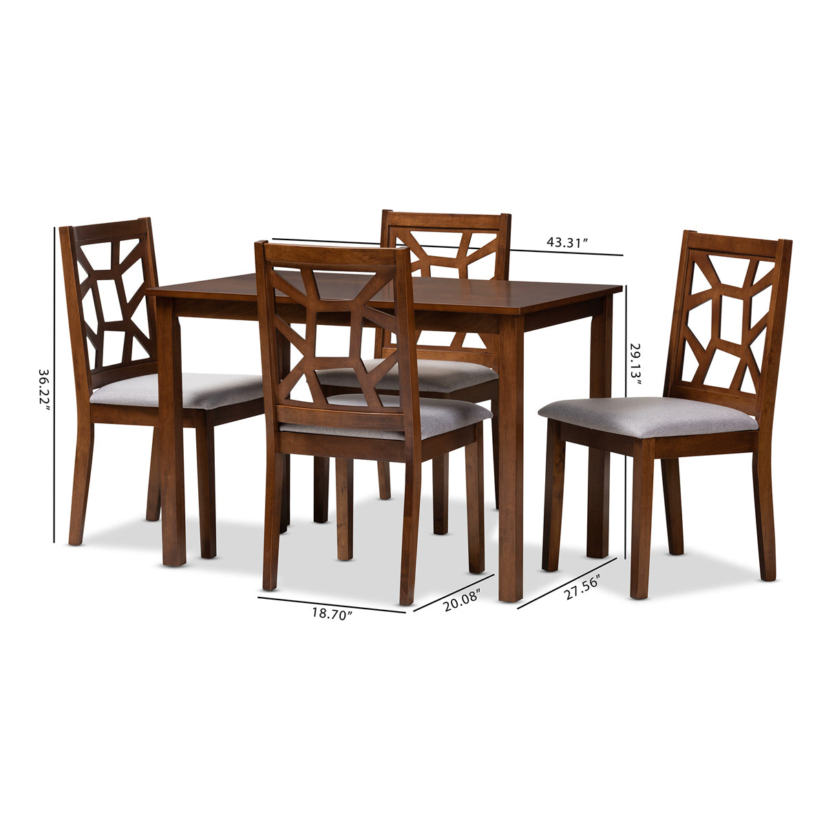 Baxton Studio Abilene Mid-Century Walnut Finished and Grey Fabric Upholstered 5-Piece Dining Set Baxton Studio-0-Minimal And Modern - 5