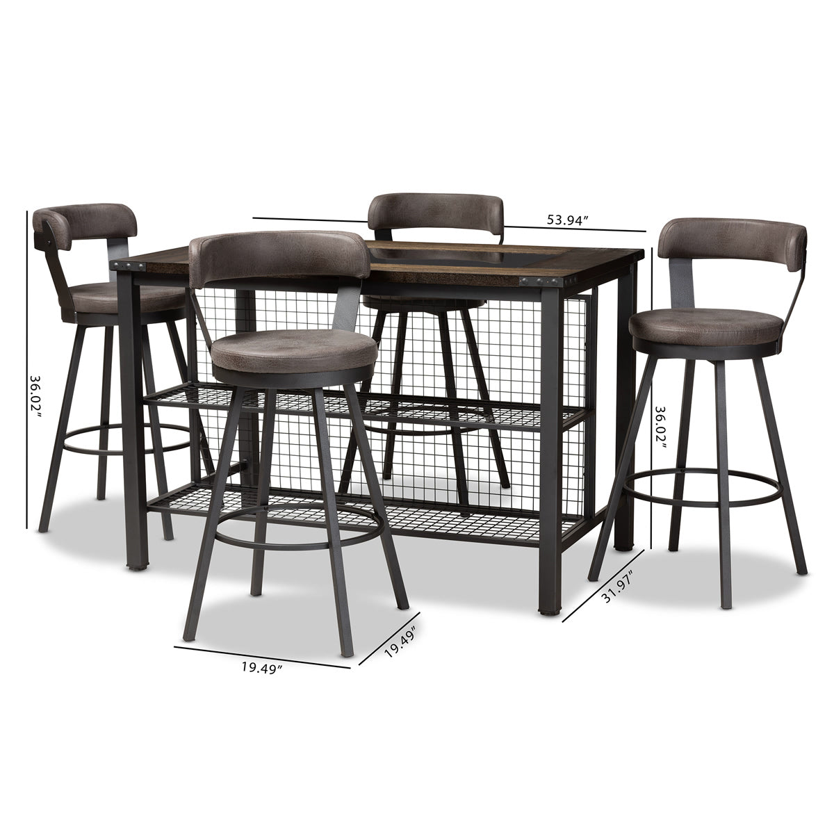 Baxton Studio Arcene Rustic and Industrial Antique Grey Fabric Upholstered 5-Piece Pub Set Baxton Studio-0-Minimal And Modern - 6