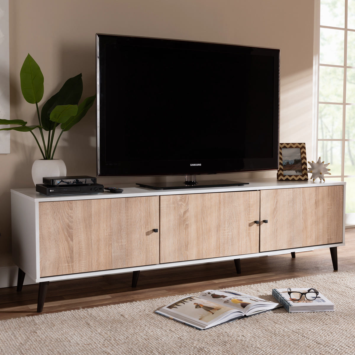 Baxton Studio Bastien Mid-Century Modern White and Light Oak 6-Shelf TV Stand Baxton Studio-TV Stands-Minimal And Modern - 7