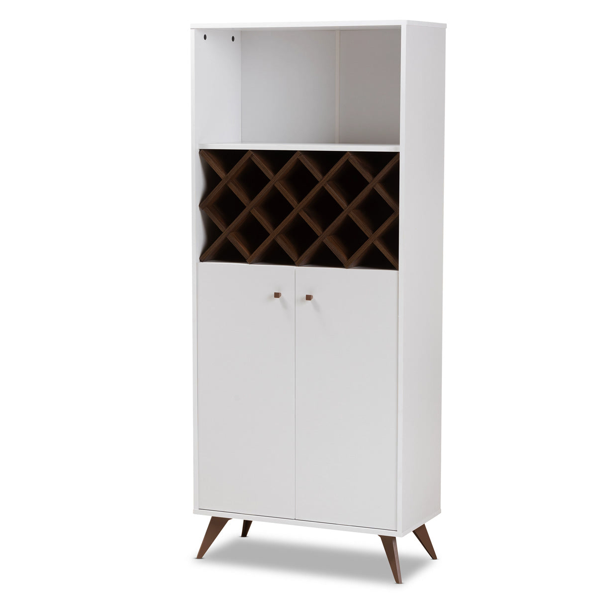 Baxton Studio Serafino Mid-Century Modern White and Walnut Finished Wood Wine Cabinet Baxton Studio-0-Minimal And Modern - 1