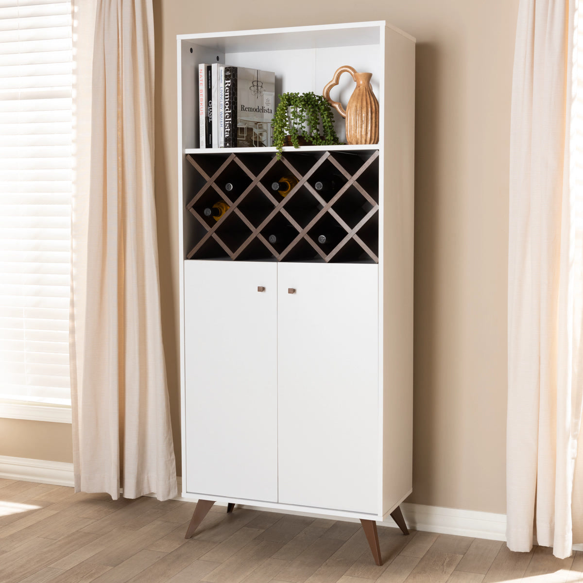 Baxton Studio Serafino Mid-Century Modern White and Walnut Finished Wood Wine Cabinet Baxton Studio-0-Minimal And Modern - 7