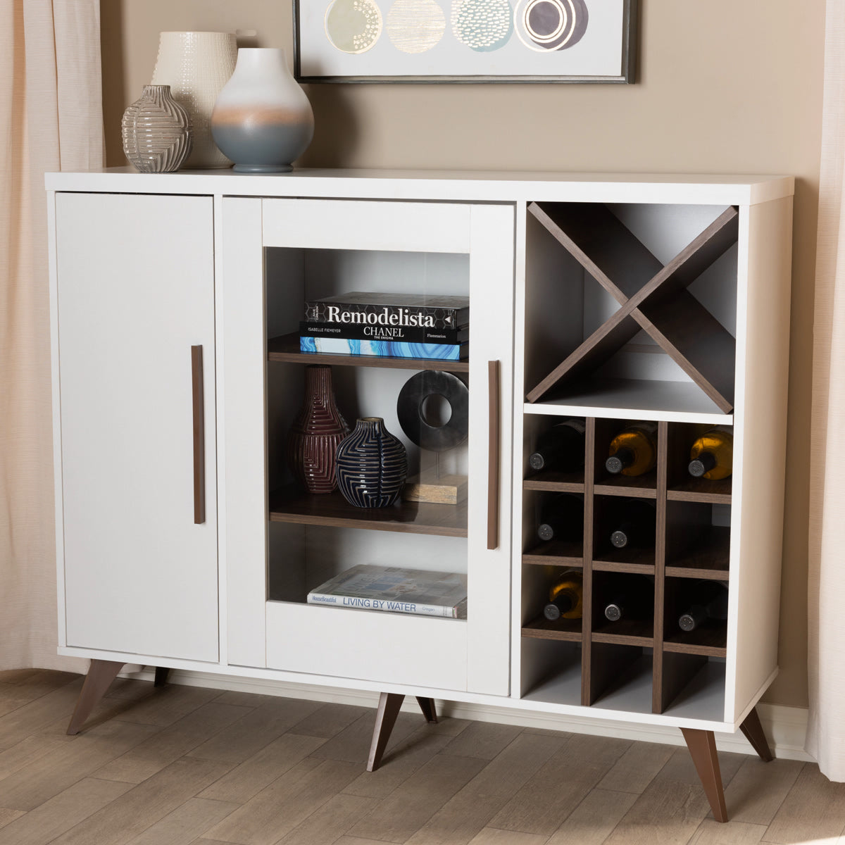 Baxton Studio Pietro Mid-Century Modern White and Brown Finished Wine Cabinet Baxton Studio-0-Minimal And Modern - 7