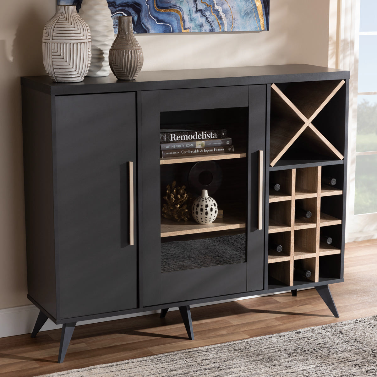 Baxton Studio Pietro Mid-Century Modern Dark Grey and Oak Finished Wine Cabinet Baxton Studio-0-Minimal And Modern - 7