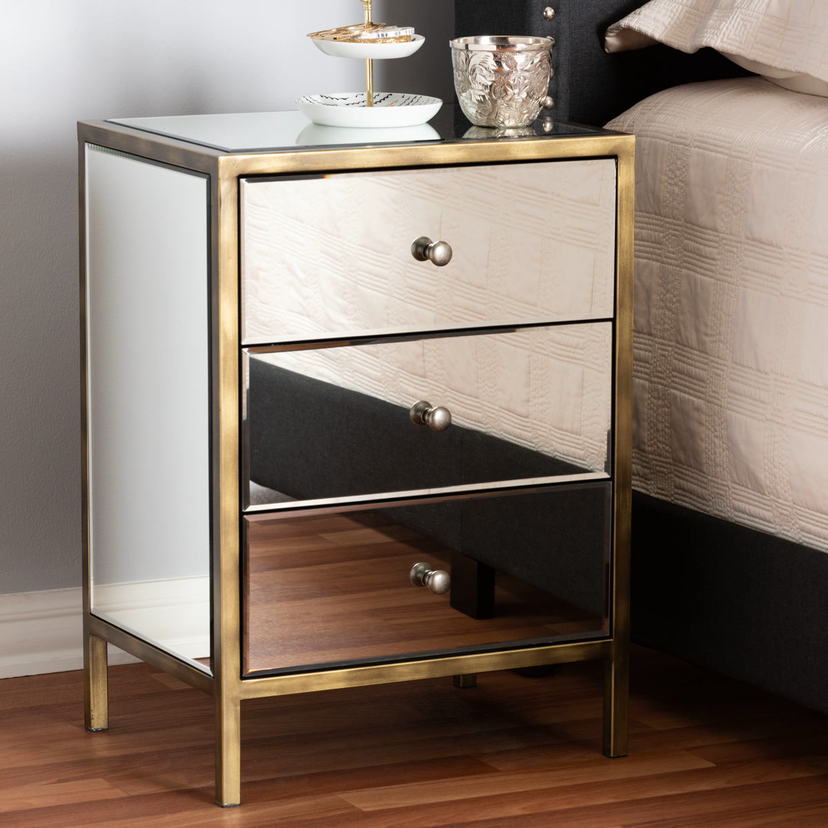 Baxton Studio Nouria Modern and Contemporary Hollywood Regency Glamour Style Mirrored Three Drawer Nightstand Bedside Table Baxton Studio-nightstands-Minimal And Modern - 5