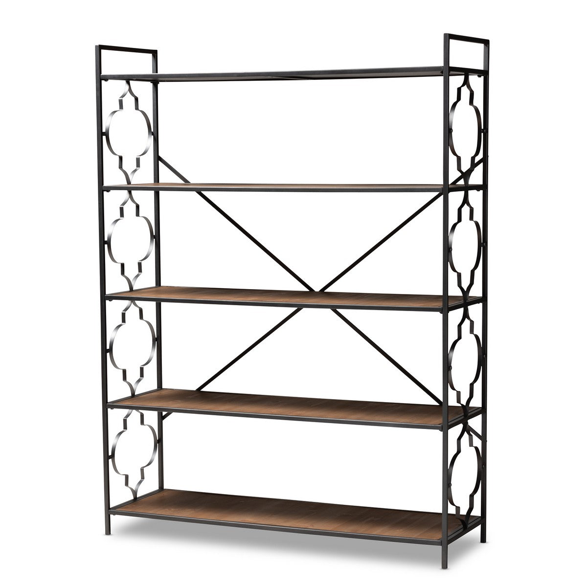 Baxton Studio Mirna Industrial Black Iron Metal and Natural Oak Wood 5-Shelf Quatrefoil Accent Bookcase Baxton Studio-Shelving-Minimal And Modern - 1