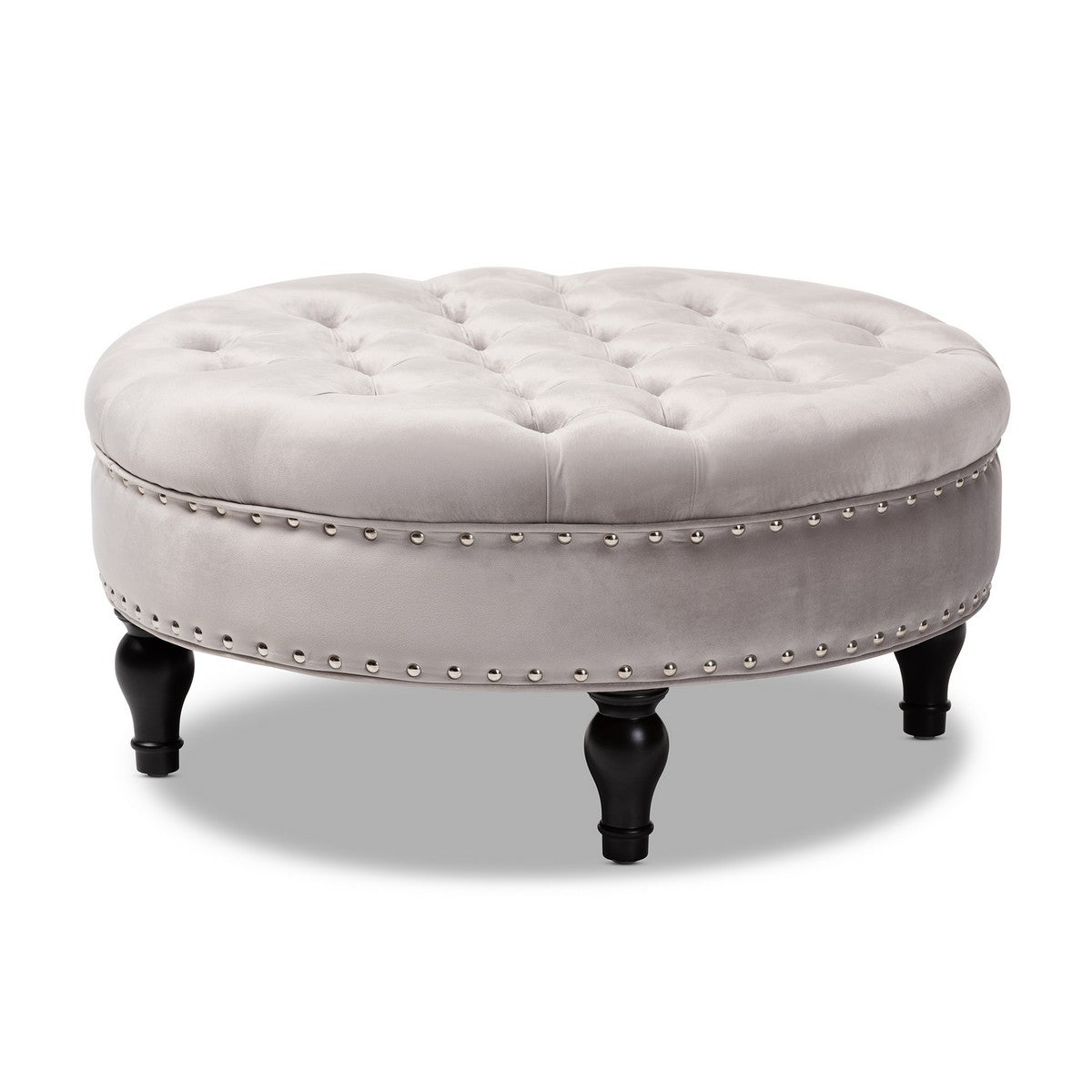 Baxton Studio Palfrey Transitional Grey Velvet Fabric Upholstered Button Tufted Cocktail Ottoman Baxton Studio-ottomans-Minimal And Modern - 1