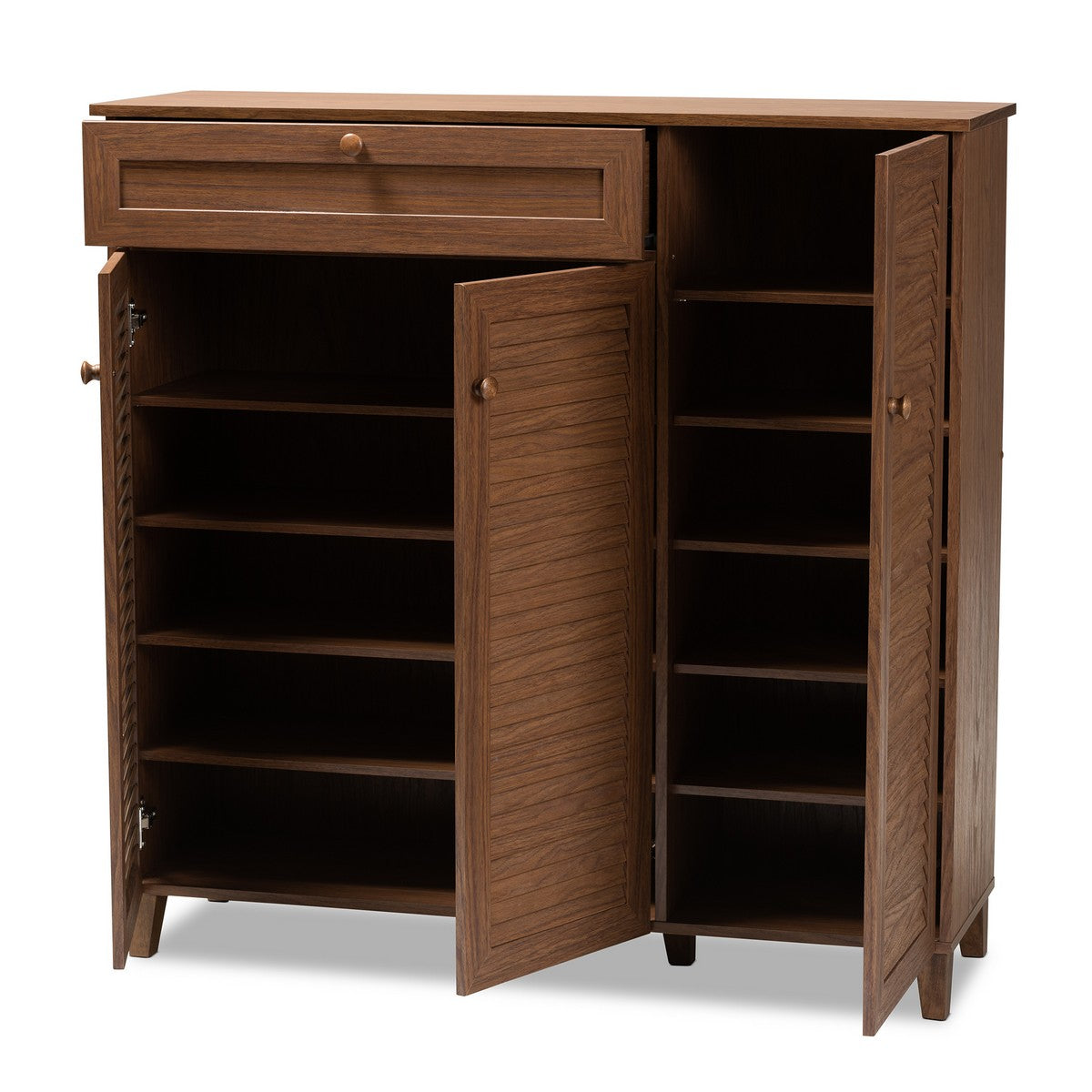 Baxton Studio Coolidge Modern and Contemporary Walnut Finished 11-Shelf Wood Shoe Storage Cabinet with Drawer Baxton Studio-Shoe Cabinets-Minimal And Modern - 1