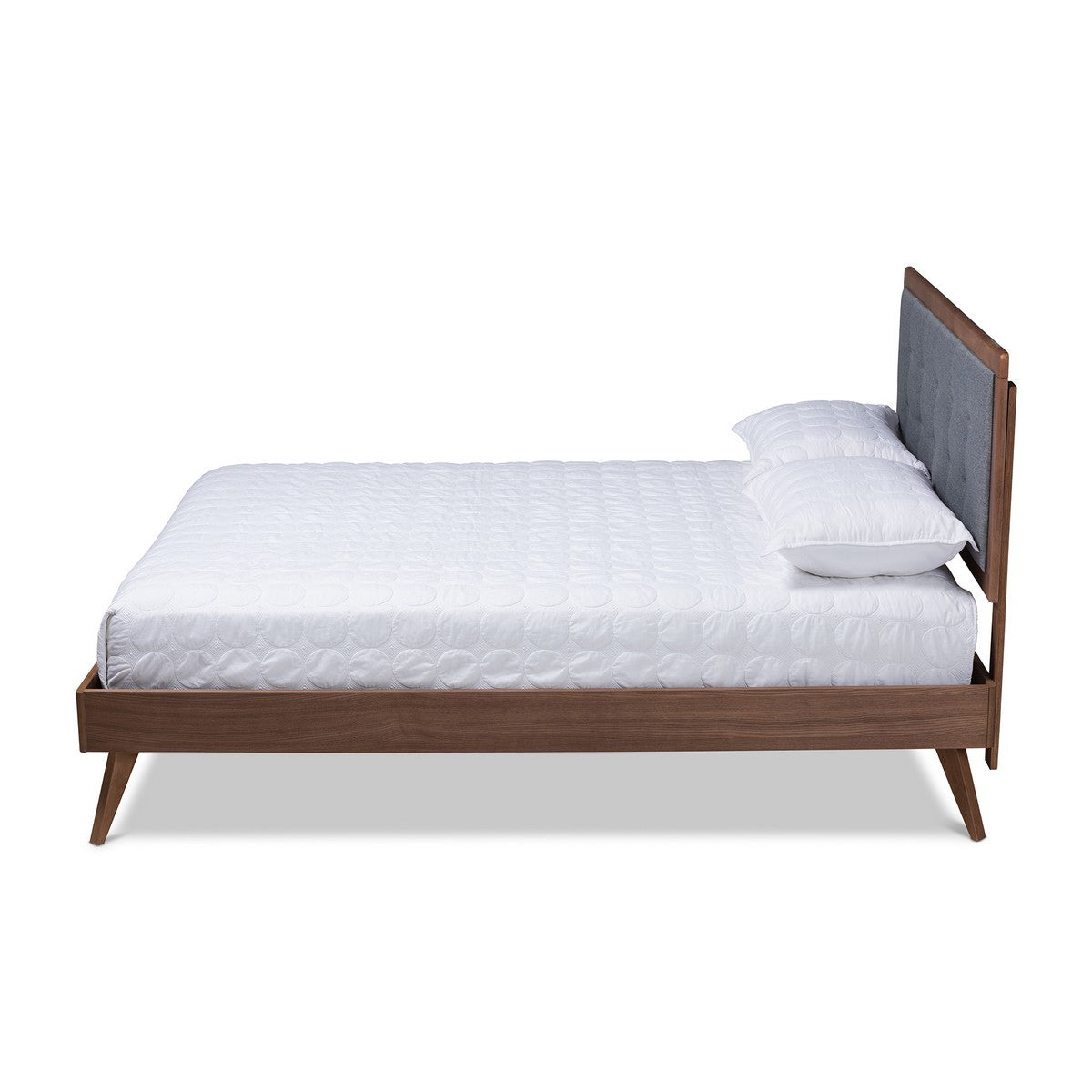 Baxton Studio Ines Mid-Century Modern Dark Grey Fabric Upholstered Walnut Brown Finished Wood Queen Size Platform Bed Baxton Studio-beds-Minimal And Modern - 1