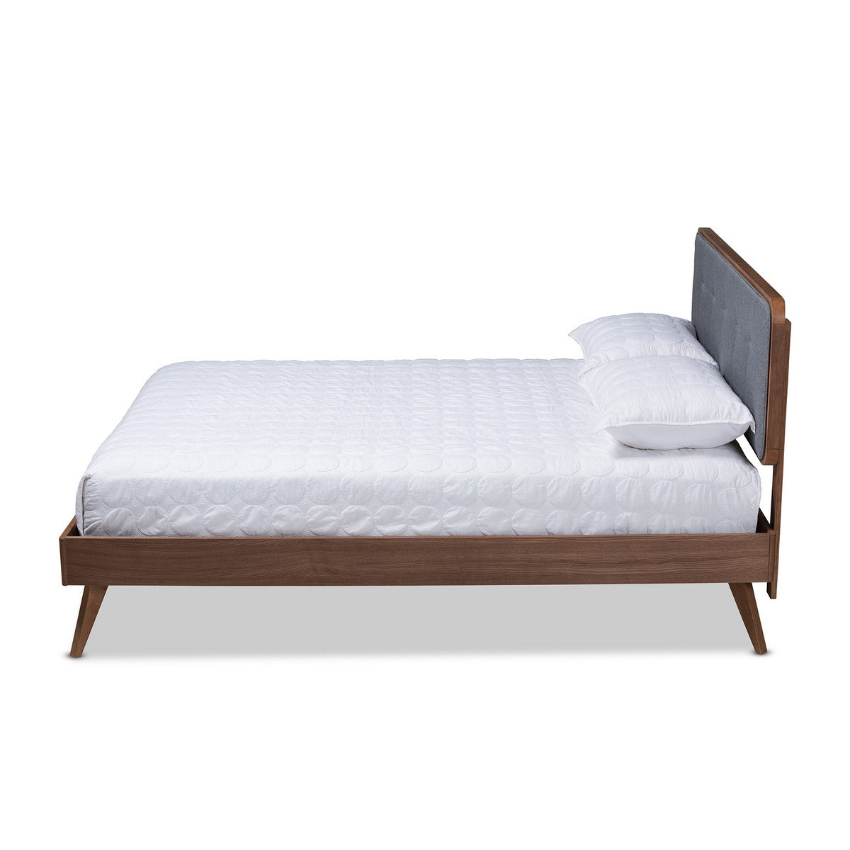 Baxton Studio Dilara Mid-Century Modern Dark Grey Fabric Upholstered Walnut Brown Finished Wood Queen Size Platform Bed Baxton Studio-beds-Minimal And Modern - 1