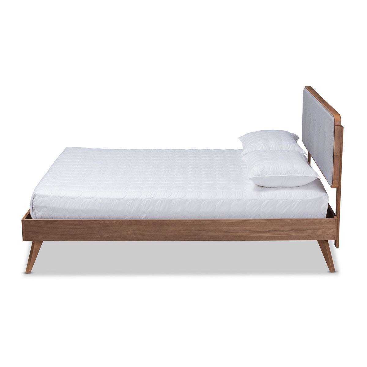 Baxton Studio Dilara Mid-Century Modern Light Grey Fabric Upholstered Walnut Brown Finished Wood Queen Size Platform Bed Baxton Studio-beds-Minimal And Modern - 1